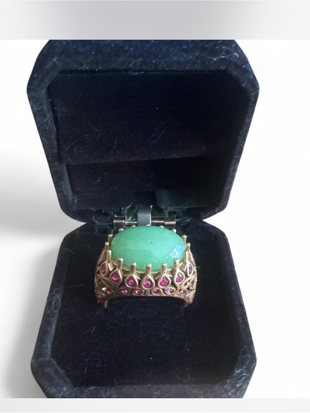 Gold-Tone Green Stone Cocktail Ring with Pink Accents adjustable